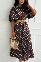 Lapel Lantern Short Sleeves Button Up Polka Dot Midi Dress