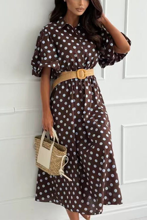 Lapel Lantern Short Sleeves Button Up Polka Dot Midi Dress