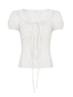 Bow Tie Puff Sleeve Waist Shaping T-shirts