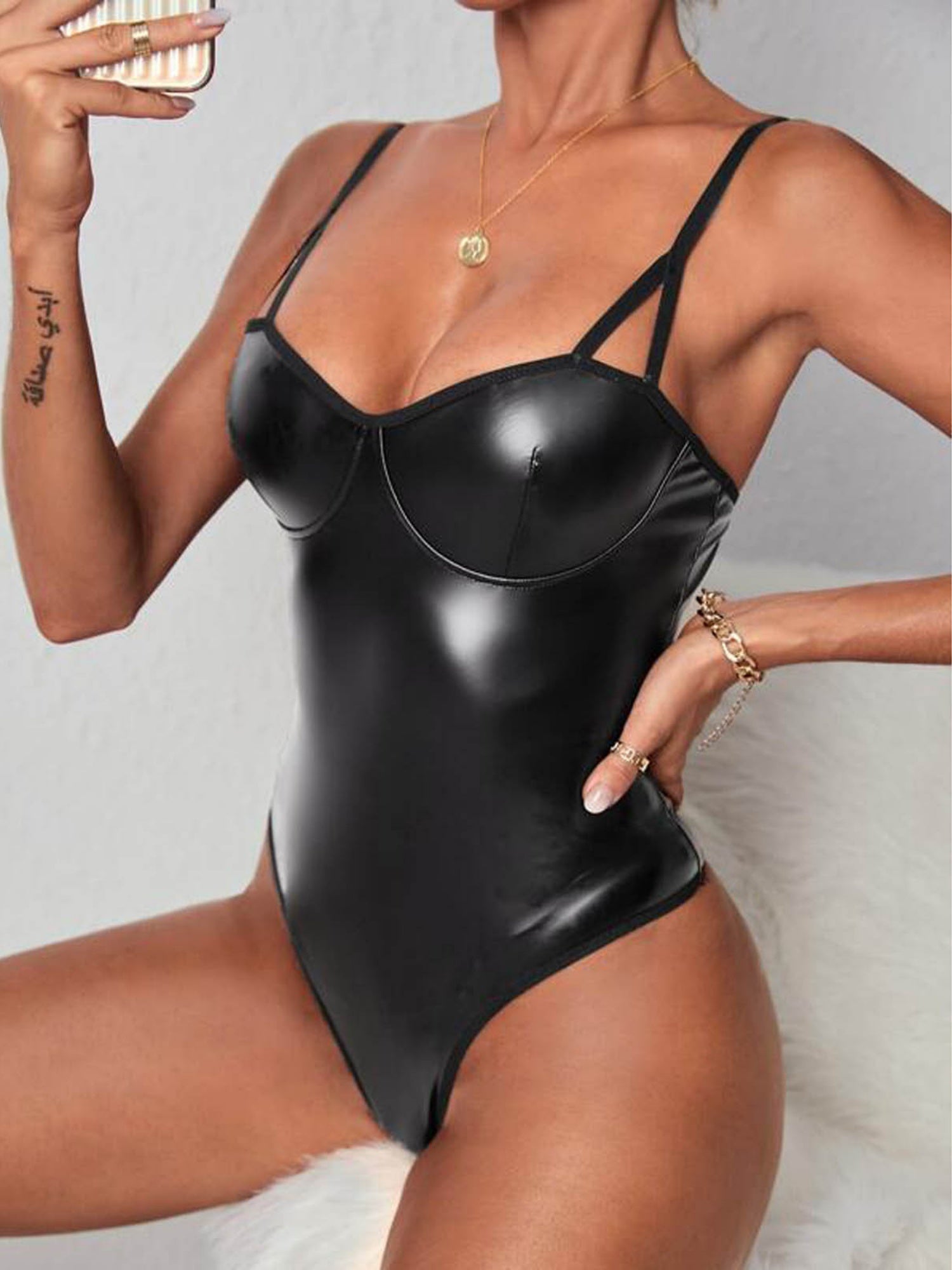 Patent Leather Spaghetti Strap Backless Sexy Jumpsuits&Bodysuits