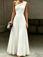 One Shoulder White Grace Pleats Formal Dress Maxi Dresses