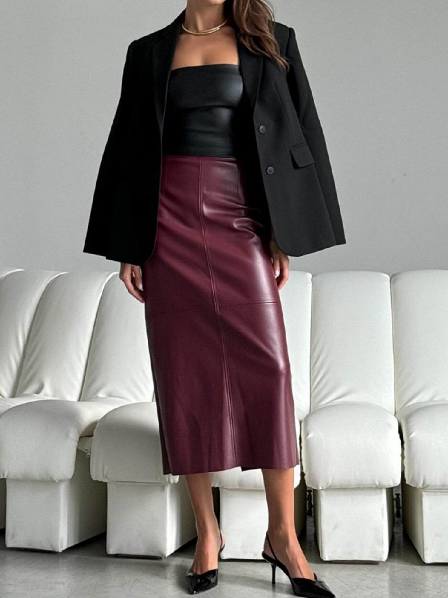 PU Leather High-waisted Back Slit Longline Skirts