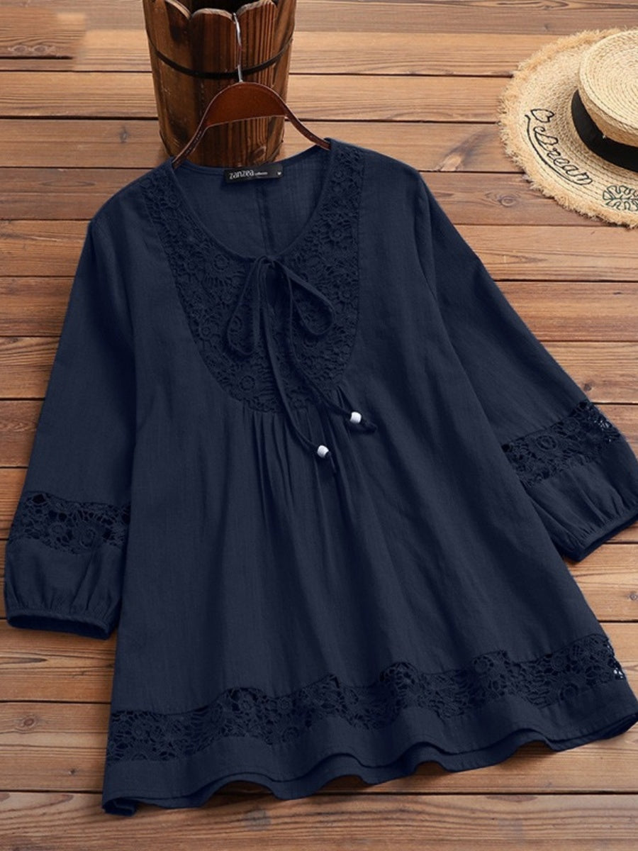 Tie-up Cotton And Linen Patchwork Lace Three-quarter Sleeve T-shirt