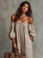 Striped Off-the-shoulder Linen Resort-style Long-sleeved Dress