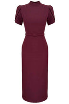 Mockneck Puff Short Sleeves Back Slit Midi Dress