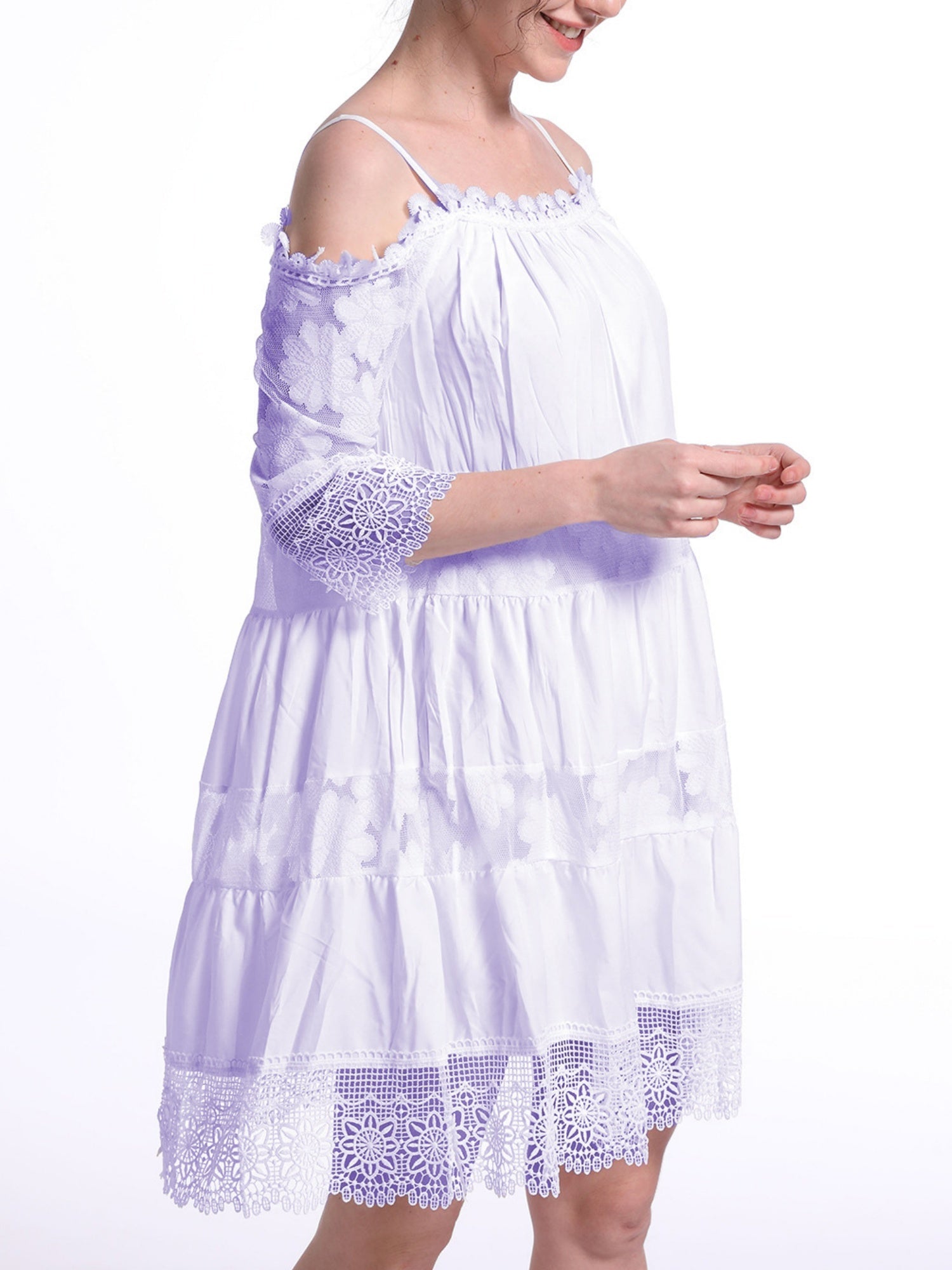 Lace Trim Hollow Out Splicing Spaghetti Strap Off-shoulder Mini&Short Dresses