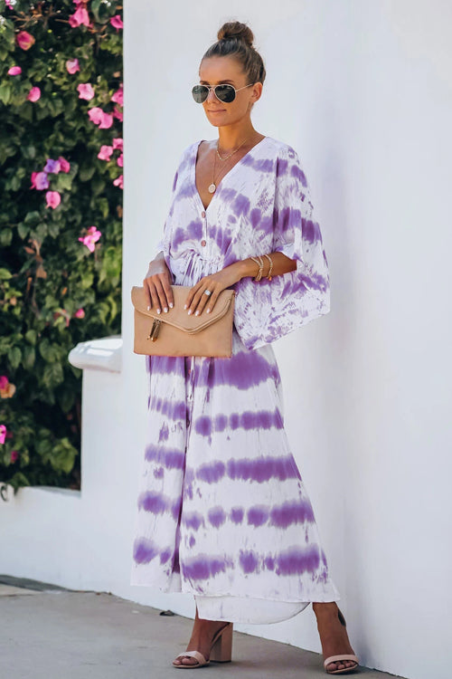 Tie Dye Print Kimono Sleeve Button Front Drawstring Waist Maxi Dress