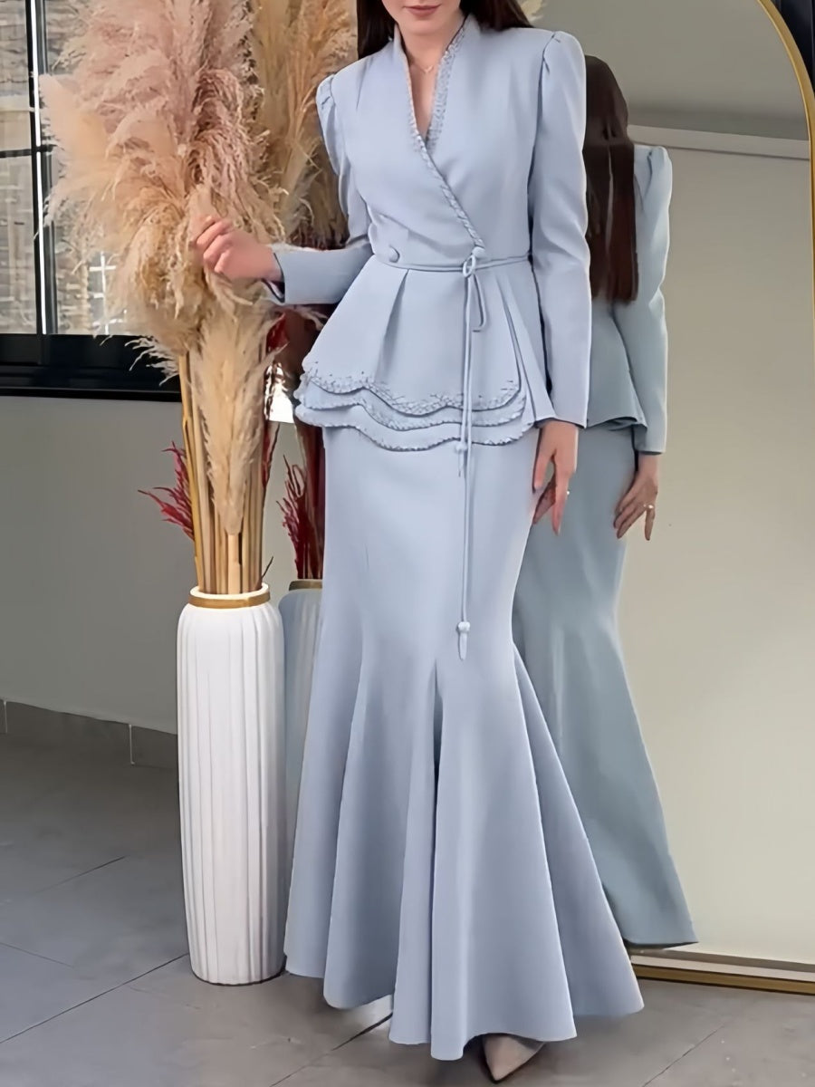 V-neck Tie-front Blazer And High-waisted Slimming Skirt Two-piece Set