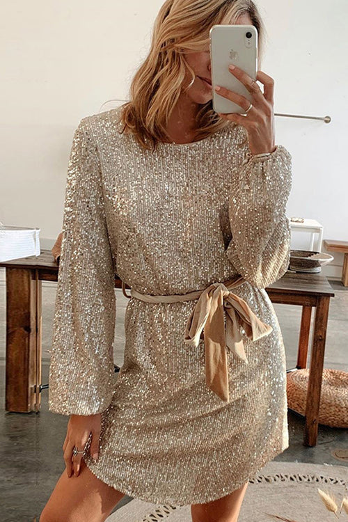 Sequin Long Sleeve Crew Neck Velvet Tie Waist Mini Dress