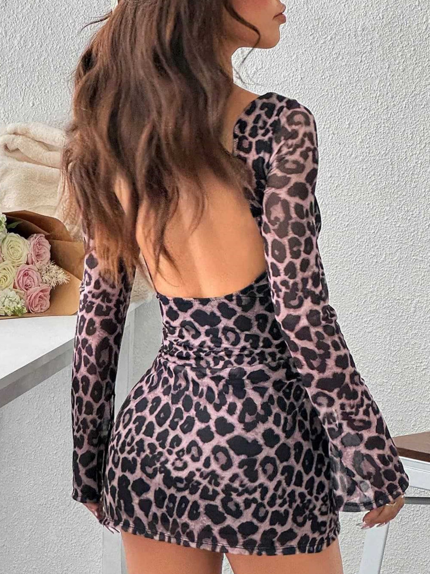 Leopard Print Heart-shaped Neckline Backless Long Sleeves Mini&Short Dresses