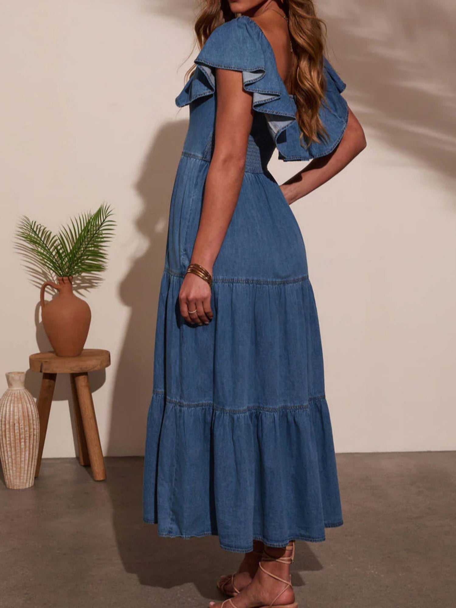 Denim Ruffle Crew Neck Large Skirt Maxi Dresses
