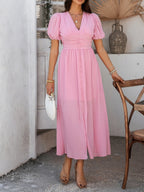 Slit Short Sleeve V-neck Vacation And Leisure Maxi Dresses