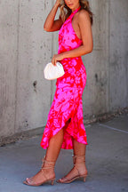 Cross Halter Backless Printed Irregular Ruffle Dress