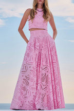 Eyelet Lace Heart Print Scalloped Trim Crop Top Wide Leg Pants Two Piece Set