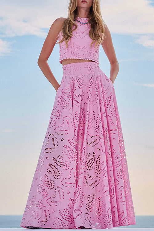 Eyelet Lace Heart Print Scalloped Trim Crop Top Wide Leg Pants Two Piece Set