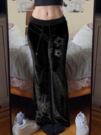 Star Rhinestones Ribbed Waistband Drawstring Low Waist Velvet Flared Pants