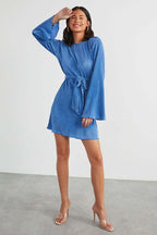 Plisse Pleated Tie Waist Crew Neck Long Sleeve Mini Dress