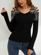 Rhinestone-studded Off-shoulder Hollow T-shirts