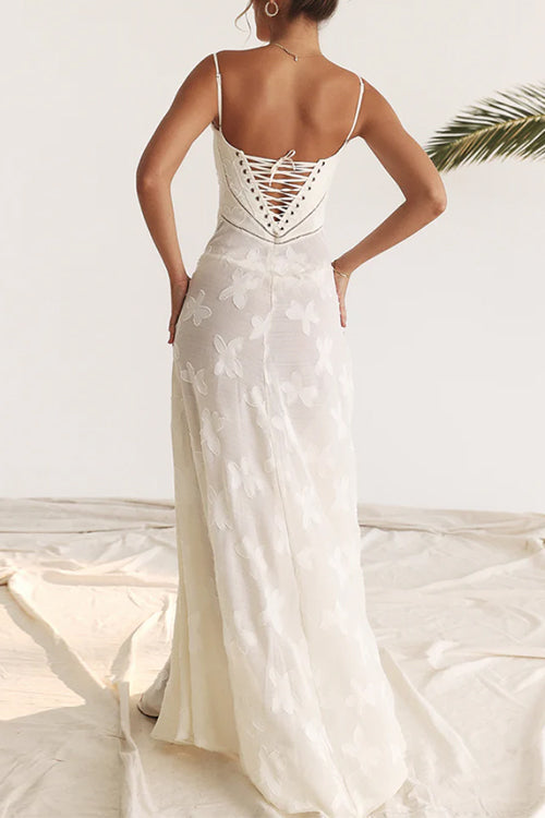 Spaghetti Strap Back Lace-up Applique Flower Maxi Swing Dress