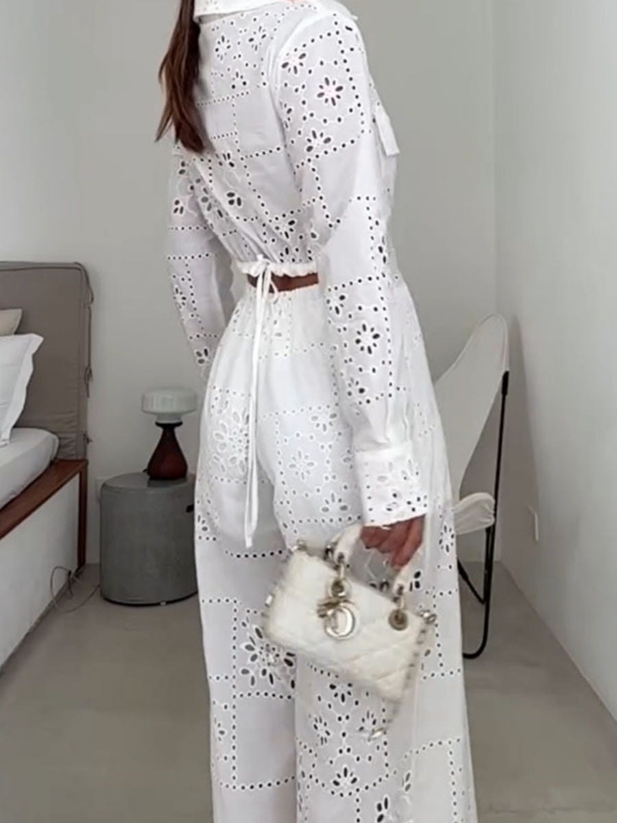 Hollow Applique Straight-leg Vacation Jumpsuit