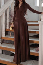 V Neck Long Sleeves Waisted Velvet Maxi Dress
