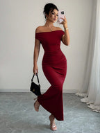 Off-shoulder Off Shoulder Pleated Metal Buckle Maxi Dresses