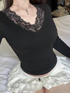 Lace Trim V-neck Long Sleeve Slimming Crop Top