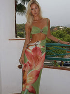 Printed Color Blocking Backless And Navel Exposed Strapless Bra Maxi Dresses