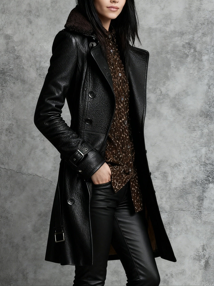Black Thickening Fur Collar Buttons Leather Mid-length Jackets