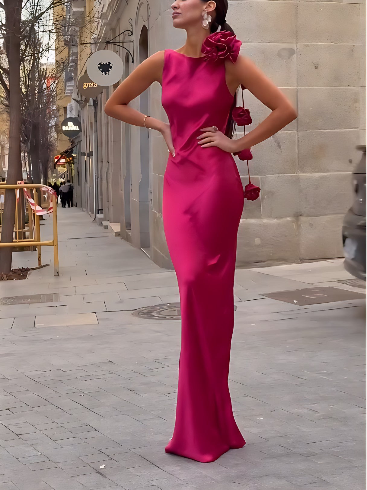Boat Neck Sleeveless Satin Rosette Shoulder Floral Drop Maxi Dress