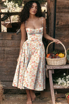 Spaghetti Strap Corset Bodice Box Pleat A-Line Midi Dress