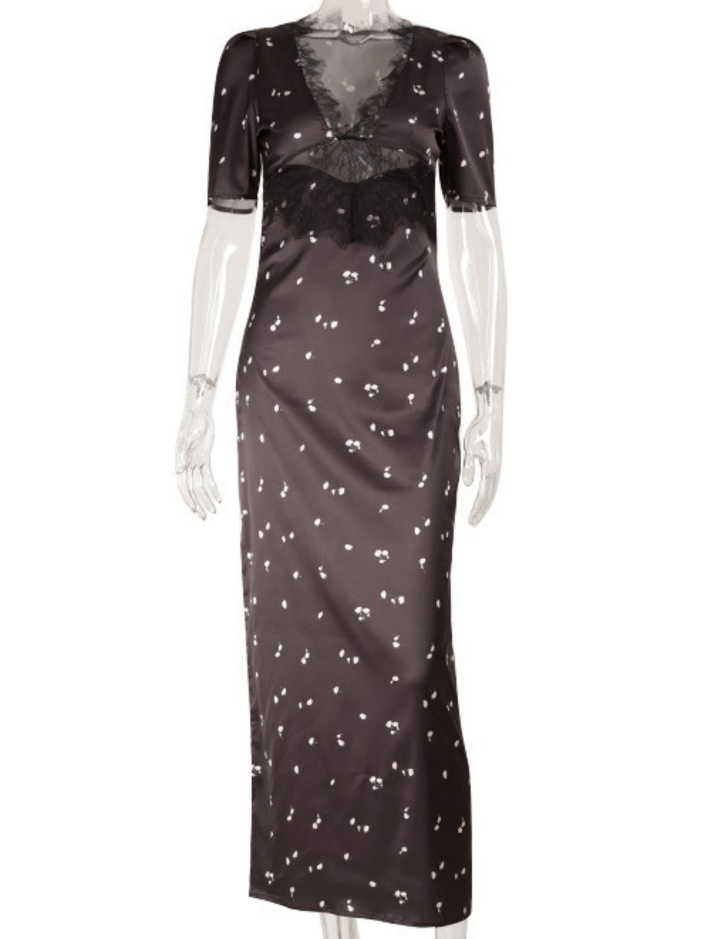 Polka Dots Satin Lace Patchwork V-neck Cutout Maxi Dresses