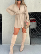 Long Sleeve Button Down Drawstring Waist Shirt Mini Dress
