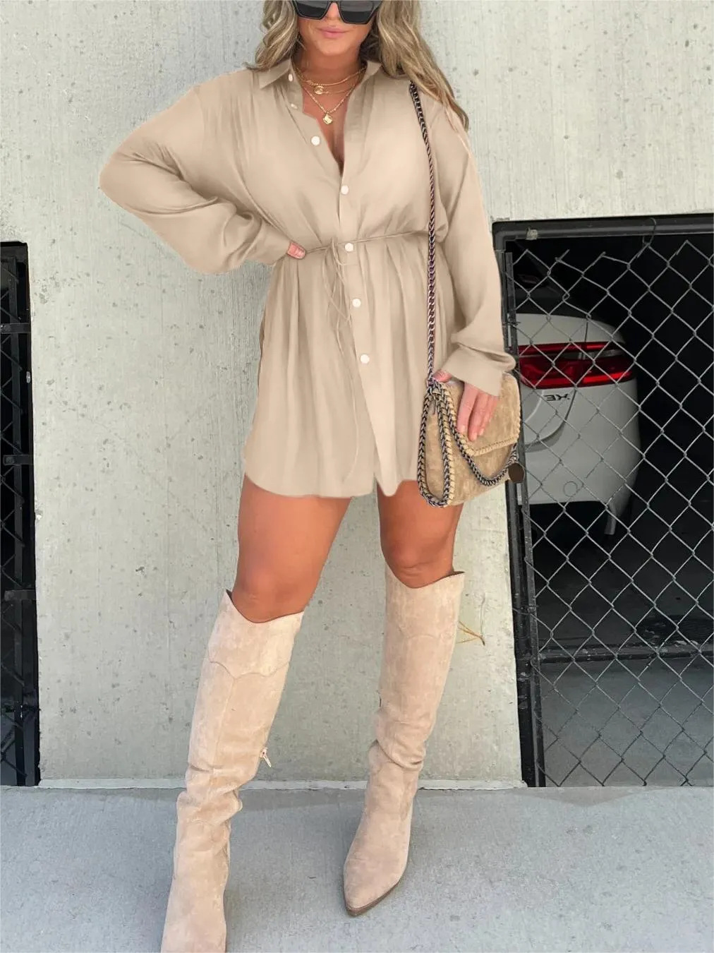 Long Sleeve Button Down Drawstring Waist Shirt Mini Dress