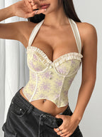 Wood Ear Printed Backless Neck Bra Fishbone Vest