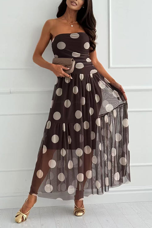 Strapless Tube Polka Dot Mesh Maxi Dress