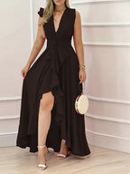 V-neck V-neck Irregular Hem High Waist Slit Temperament Maxi Dresses