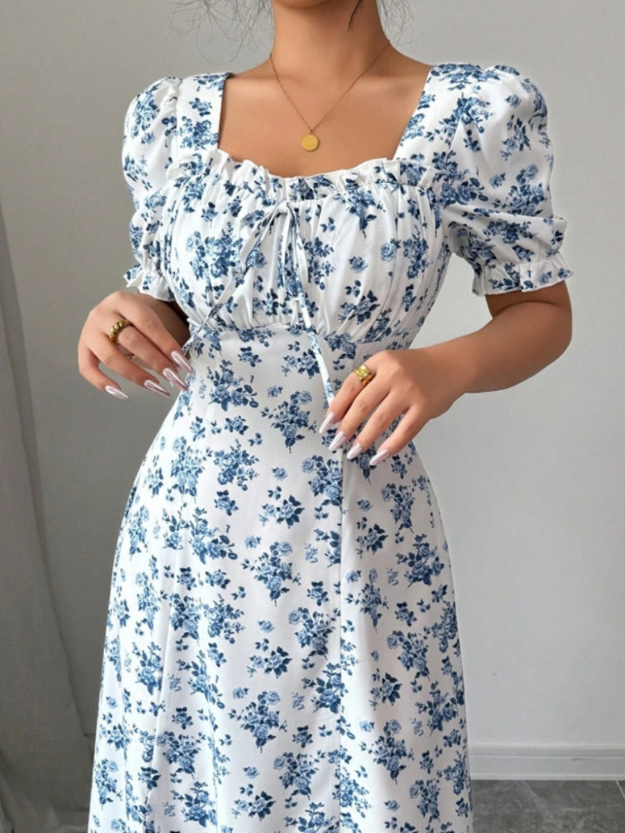 Floral Short Sleeve Square Collar Ruffle Vacation And Leisure Maxi Dresses