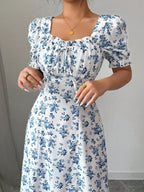 Floral Short Sleeve Square Collar Ruffle Vacation And Leisure Maxi Dresses