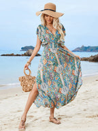 Rayon V-neck Backless Printed Ruffle Short Sleeve Slit Vacation And Leisure Maxi Dresses