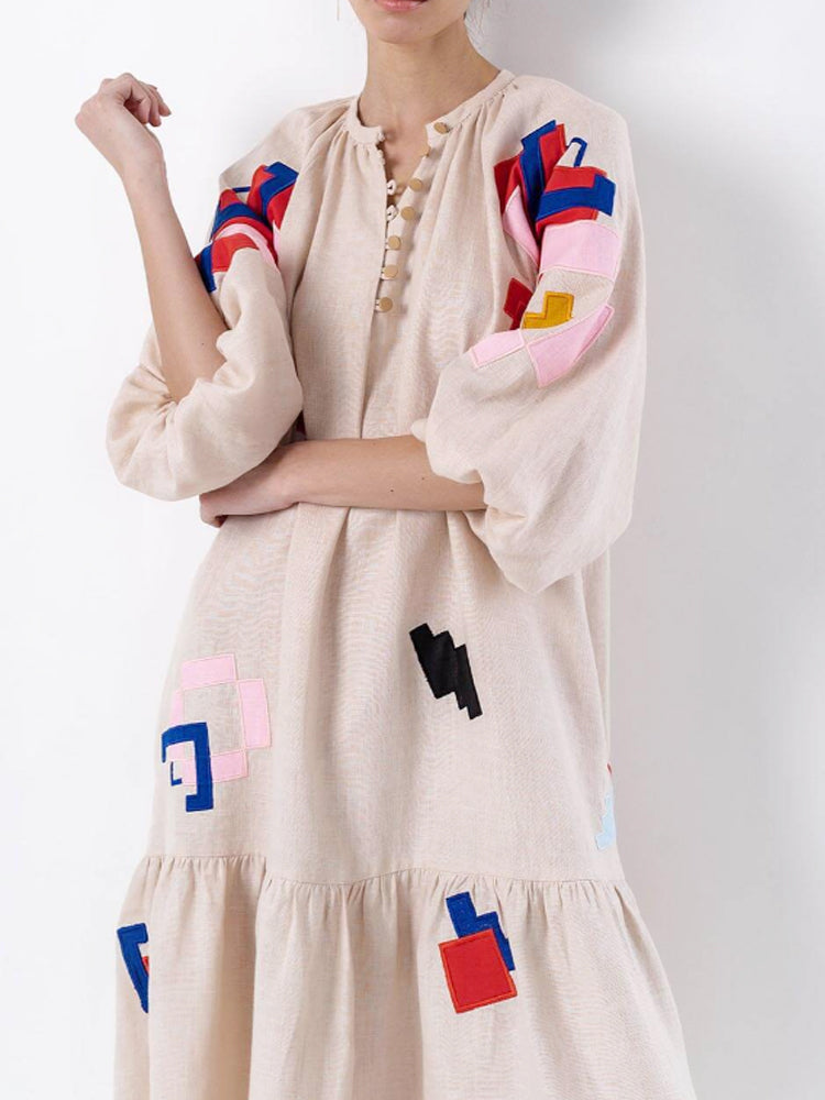 Abstract Geometric Embroidery Balloon Sleeve Tiered Midi Dress