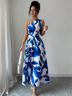 Sloping Shoulders Printed Slit Vacation Leisure Maxi Dresses