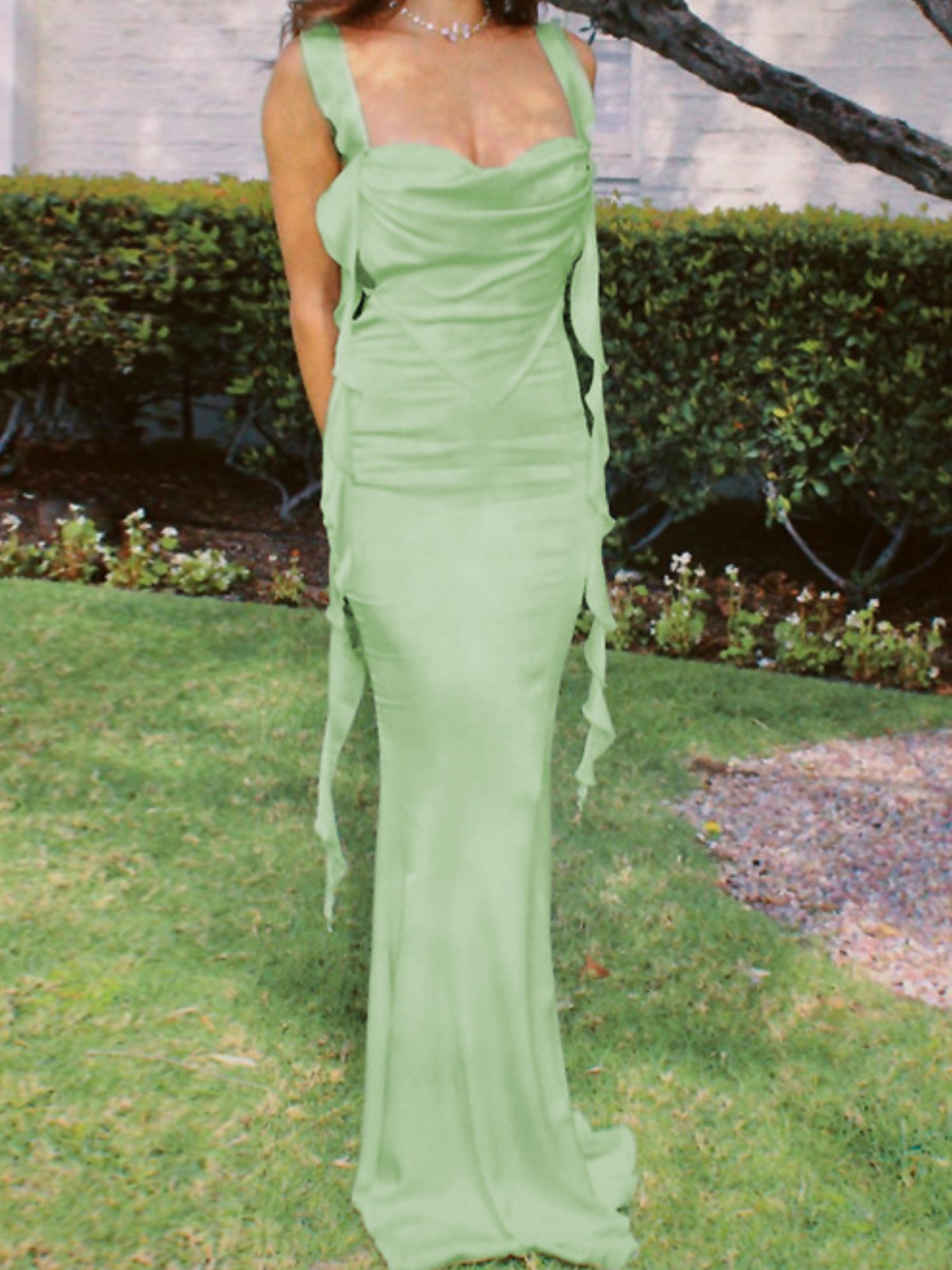 Satin Ruffled Ribbons Backless Maxi Dresses