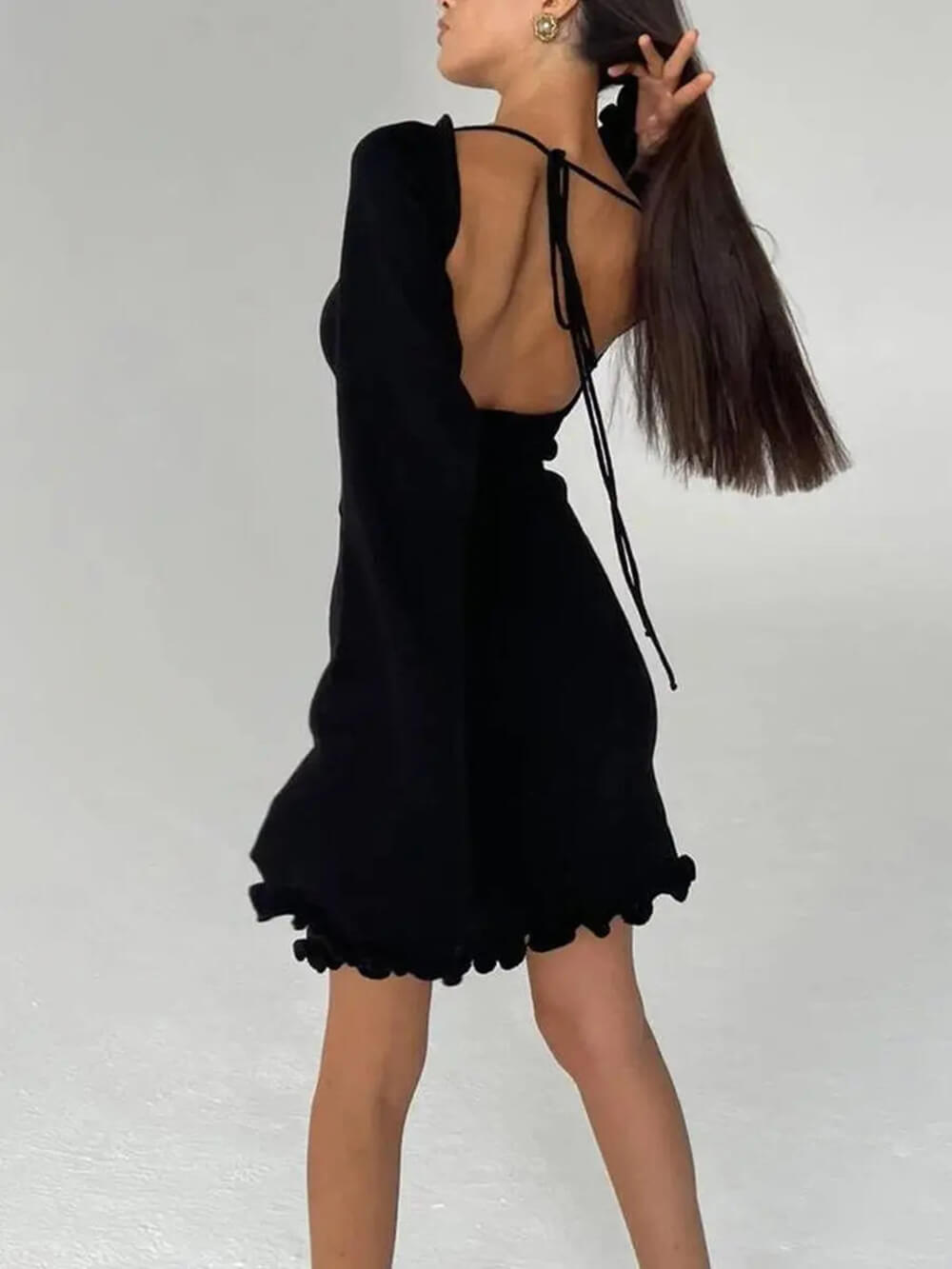 Ribbed Knit Scoop Neck Flared Sleeve Lettuce Edge Hem Bodycon Mini Dress