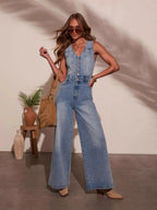 Denim Button-down Pockets V-neck Sleeveless Loose-fit Jumpsuits