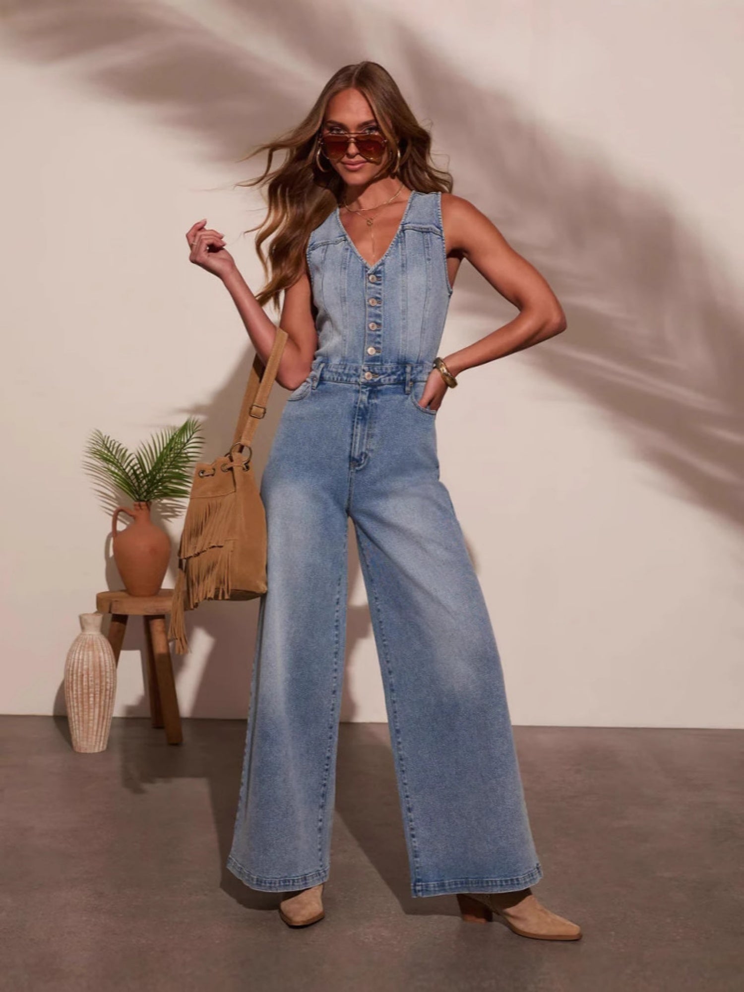 Denim Button-down Pockets V-neck Sleeveless Loose-fit Jumpsuits
