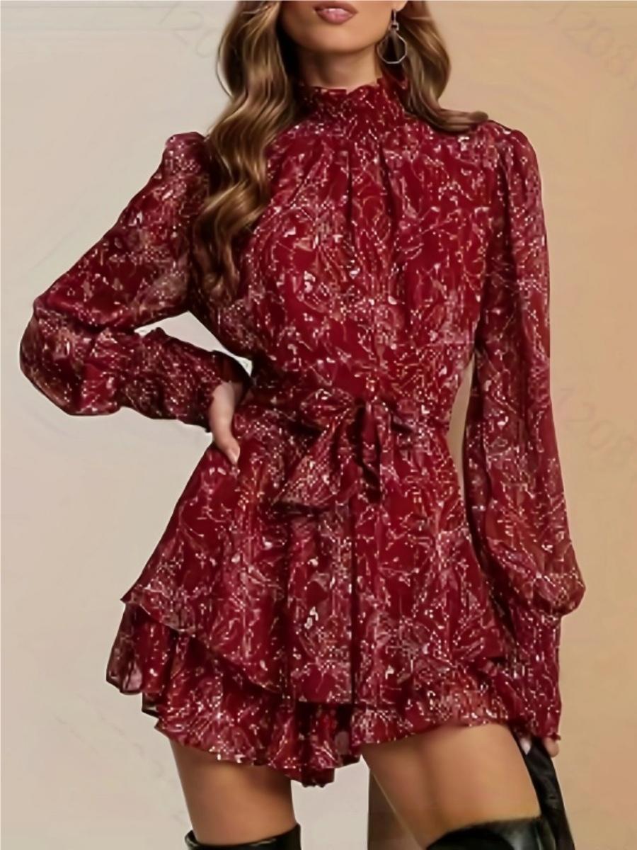 Turtleneck Wood Ear Belts Floral Mini&Short Dresses