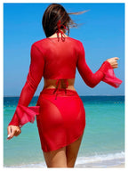3D Floral Decoration Two-piece Bikini Sun Protection Beachwear Four-piece Set