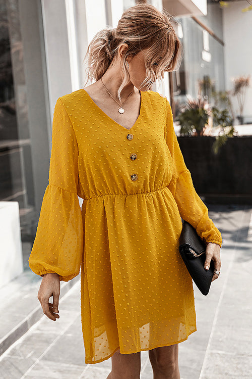 Swiss Dot V-Neck Button Front Elastic Waist Bishop Sleeve Mini Dress