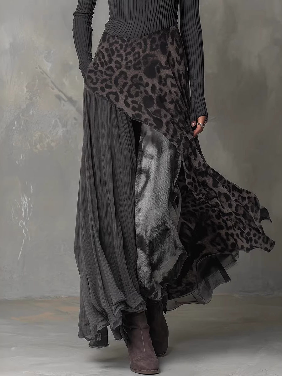 Black Long-sleeved Printed Irregular Design Round Neck Long Dress